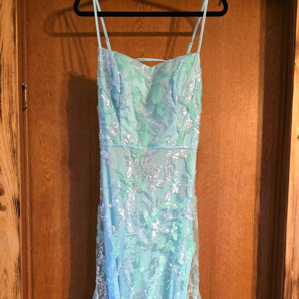 Teal/blue prom dress open back